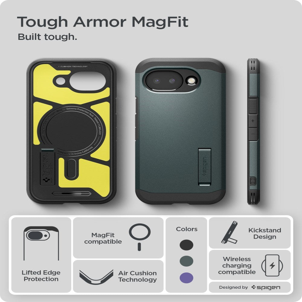 Google Pixel 10a Spigen Tough Armor Hybrid Deksel m. Stativfunksjon - MagSafe Kompatibel - Grønn