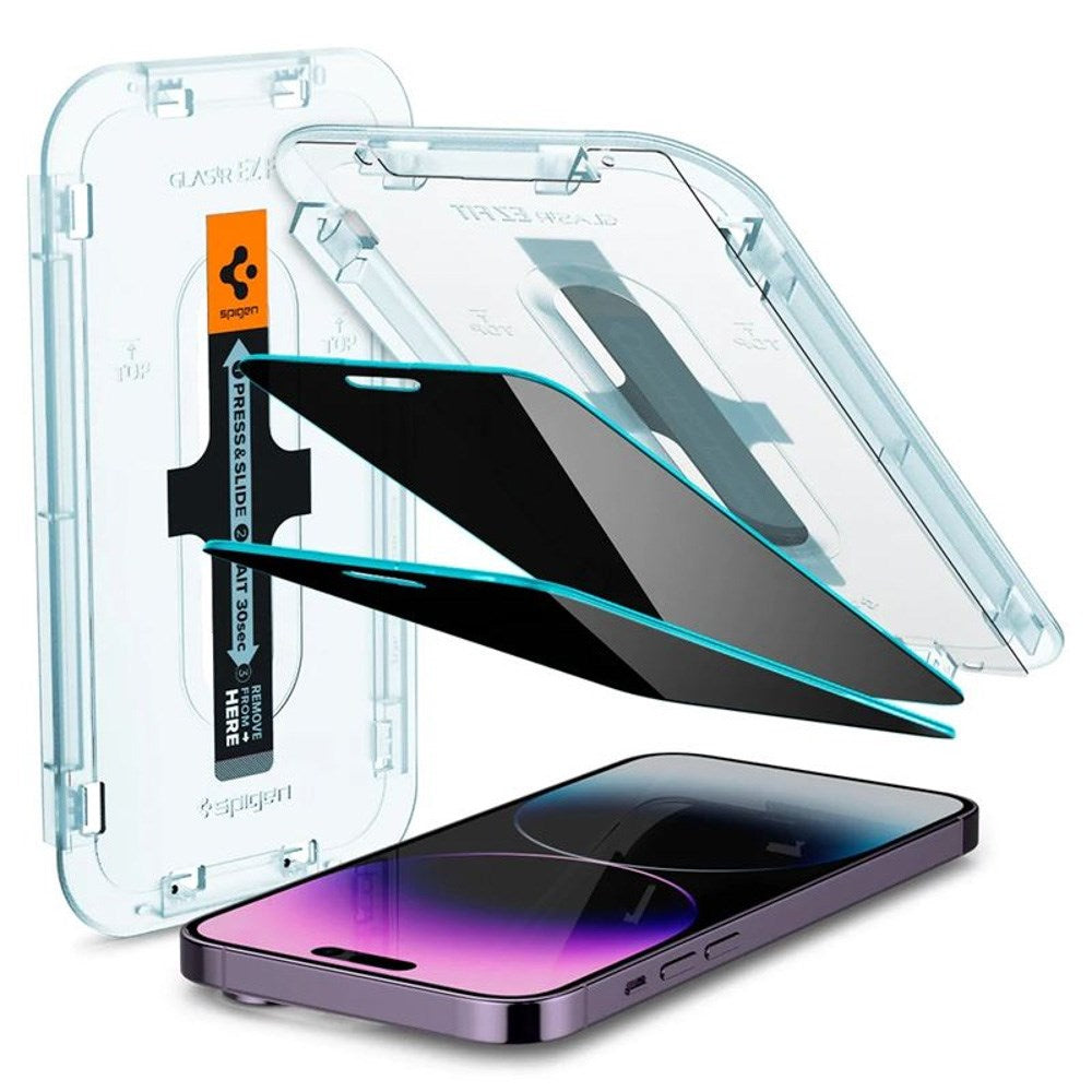 iPhone 14 Pro Max Spigen Privacy EZ Fit Glass Skjermbeskytter - 2 stk - Privacy Funksjon - Gjennomsiktig