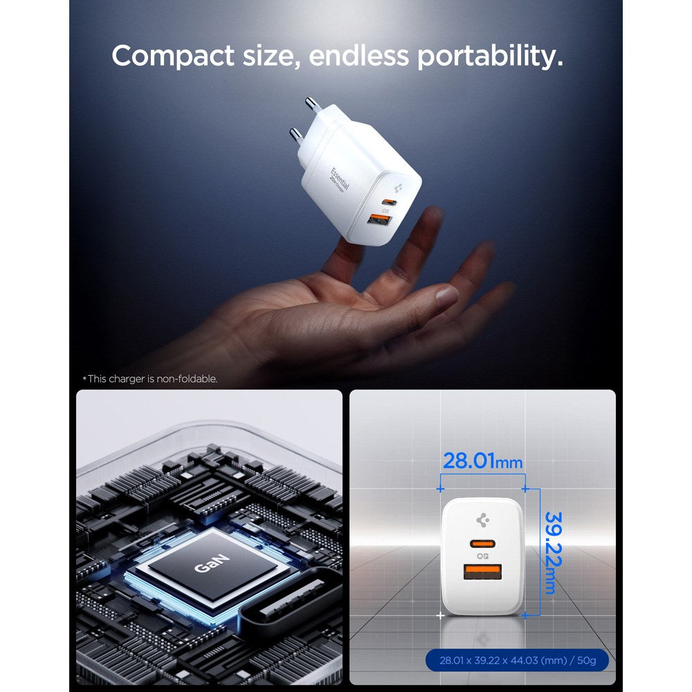 Spigen Essential 20W Vegglader m. 1 x USB-C & 1 x USB-A - Hvit