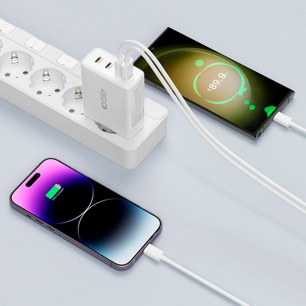 Tech-Protect PD GaN 100W Vegglader med 3 x USB-C og 1 x USB-A - Hvit