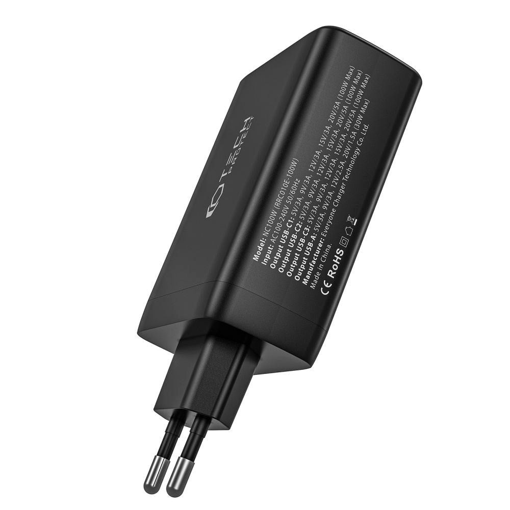 Tech-Protect PD GaN 100W Vegglader med 3 x USB-C og 1 x USB-A - Svart