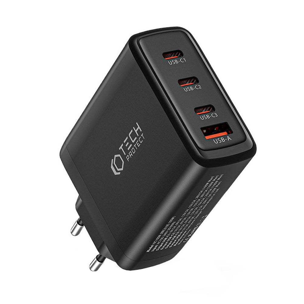 Tech-Protect PD GaN 100W Vegglader med 3 x USB-C og 1 x USB-A - Svart