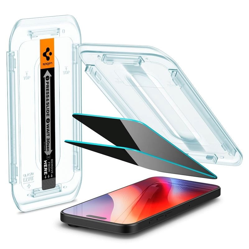 iPhone 17 / 17 Pro / 16 Pro Spigen EZ Fit Glas.tR Skjermbeskytter 2. Stk - Privacy Filter - Case Friendly - Gjennomsiktig