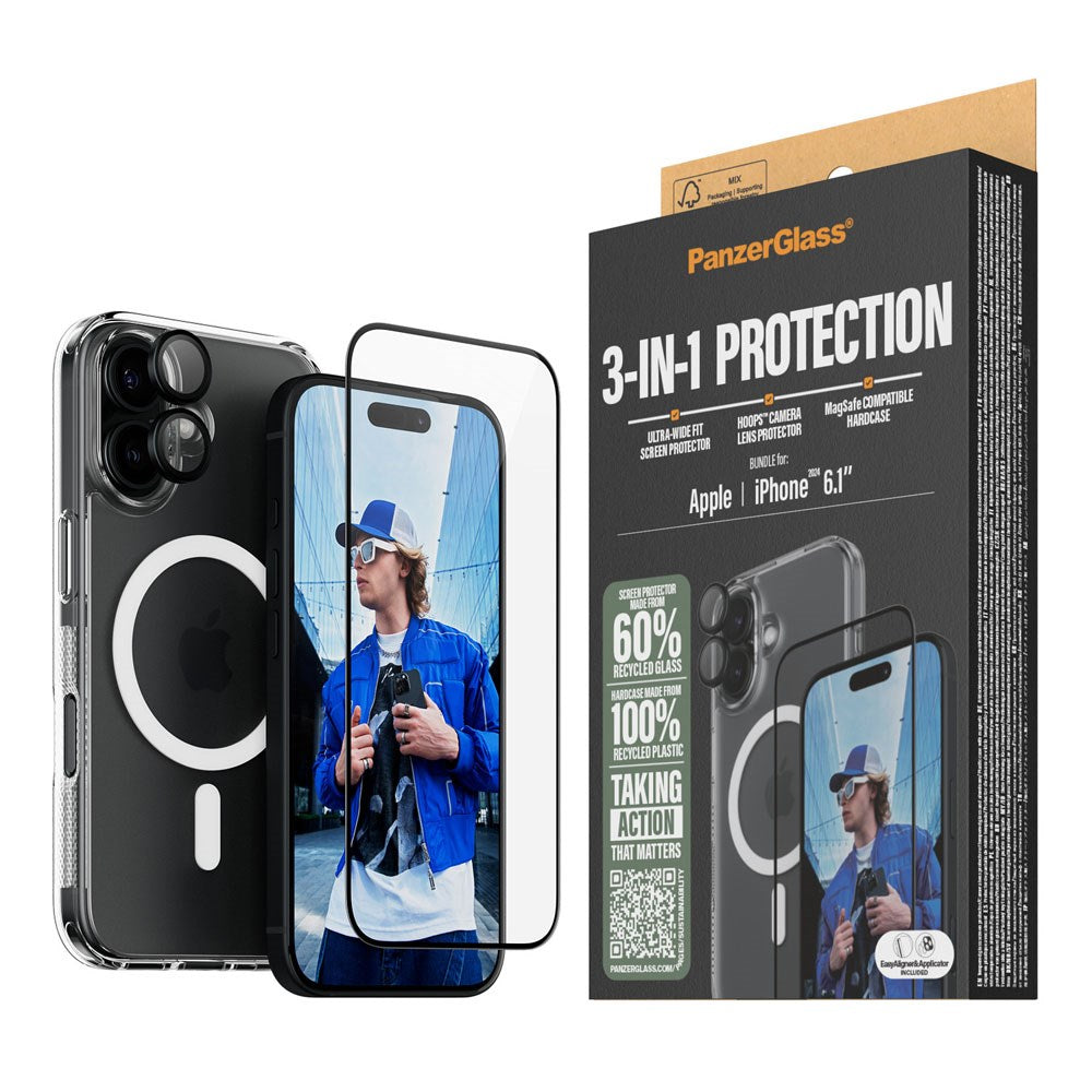 iPhone 16 PanzerGlass 3-i-1 Bundle m. EasyAligner - Skjermbeskyttelse (UWF) / Deksel / Kamerabeskyttelse - Gjennomsiktig / Svart