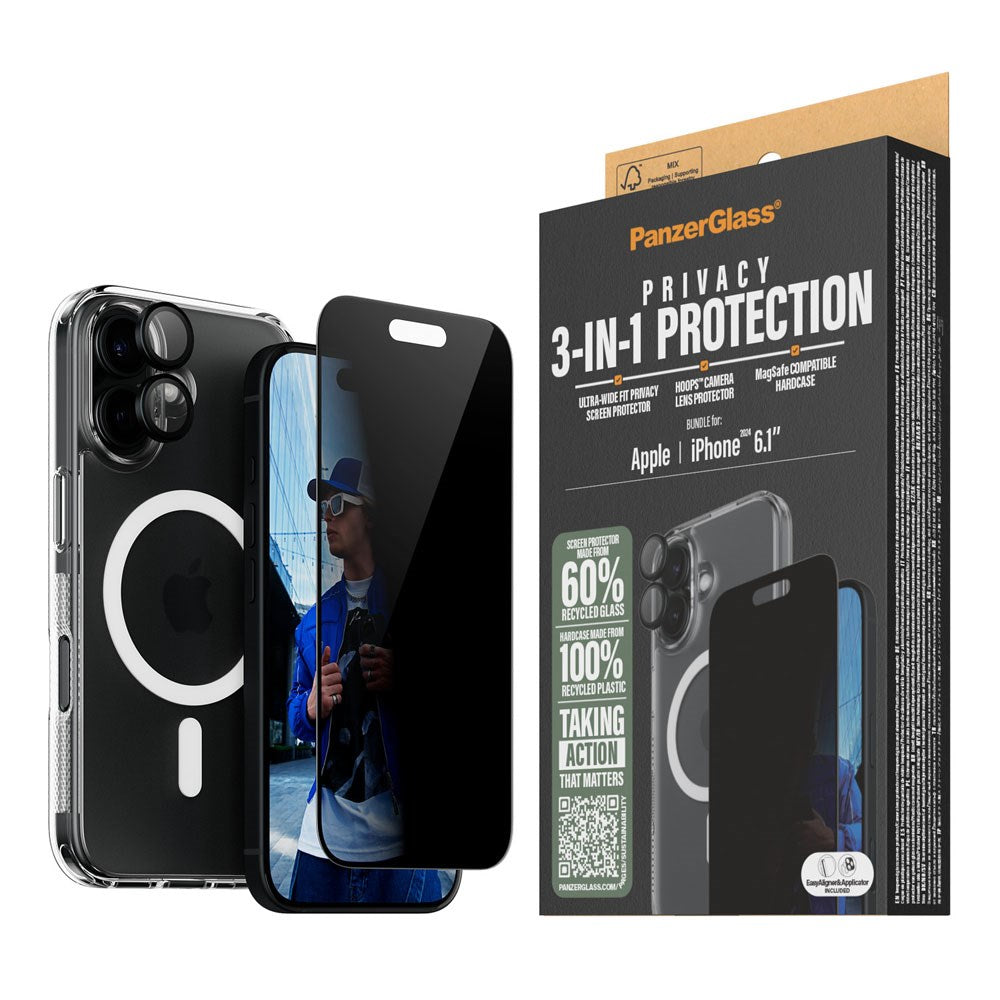 iPhone 16 PanzerGlass 3-i-1 Bundle m. EasyAligner - Privacy Skjermbeskyttelse (UWF) / Deksel / Kamerabeskyttelse - Gjennomsiktig / Svart
