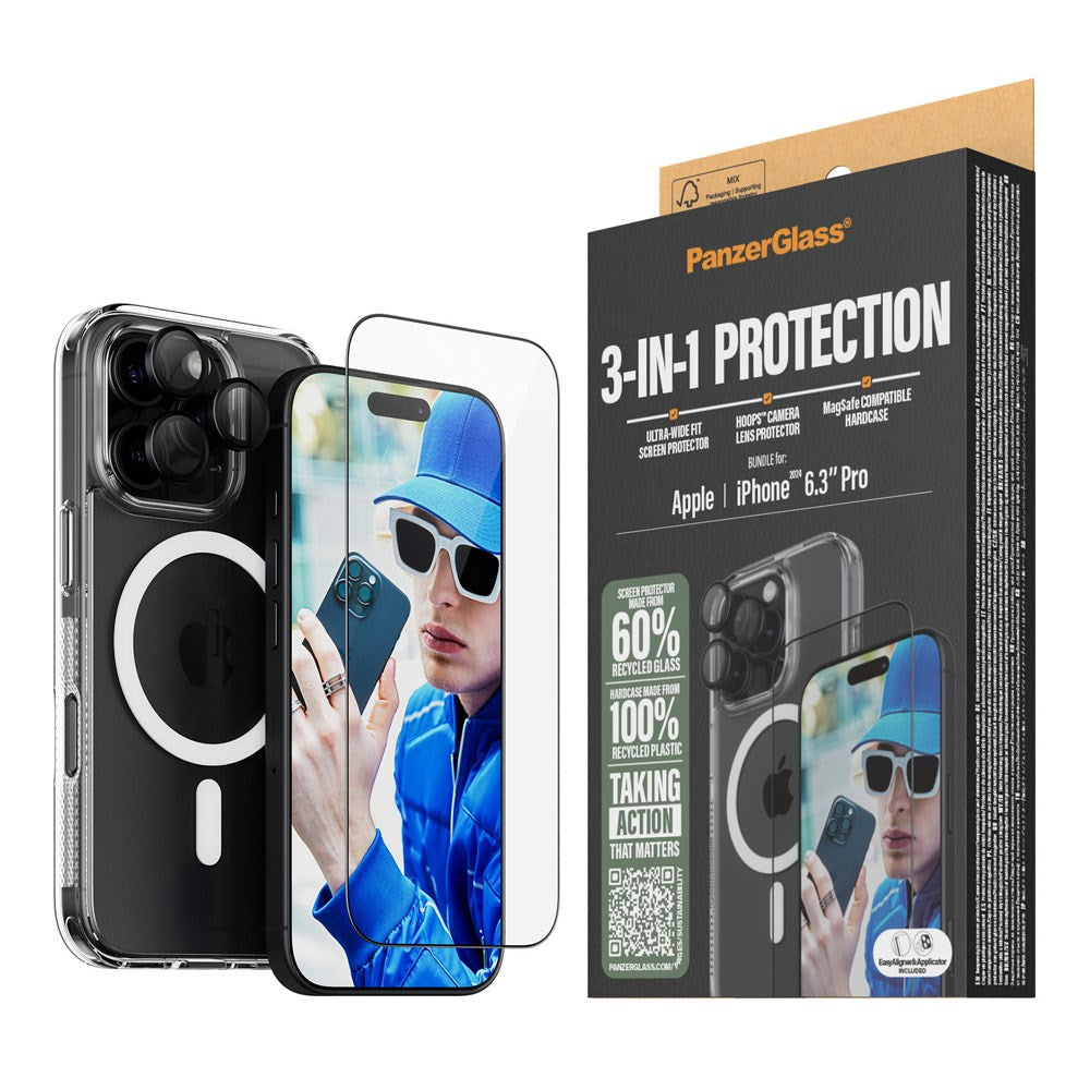 iPhone 16 Pro PanzerGlass 3-i-1 Bundle m. EasyAligner - Skjermbeskyttelse (UWF) / Deksel / Kamerabeskyttelse - Gjennomsiktig / Svart