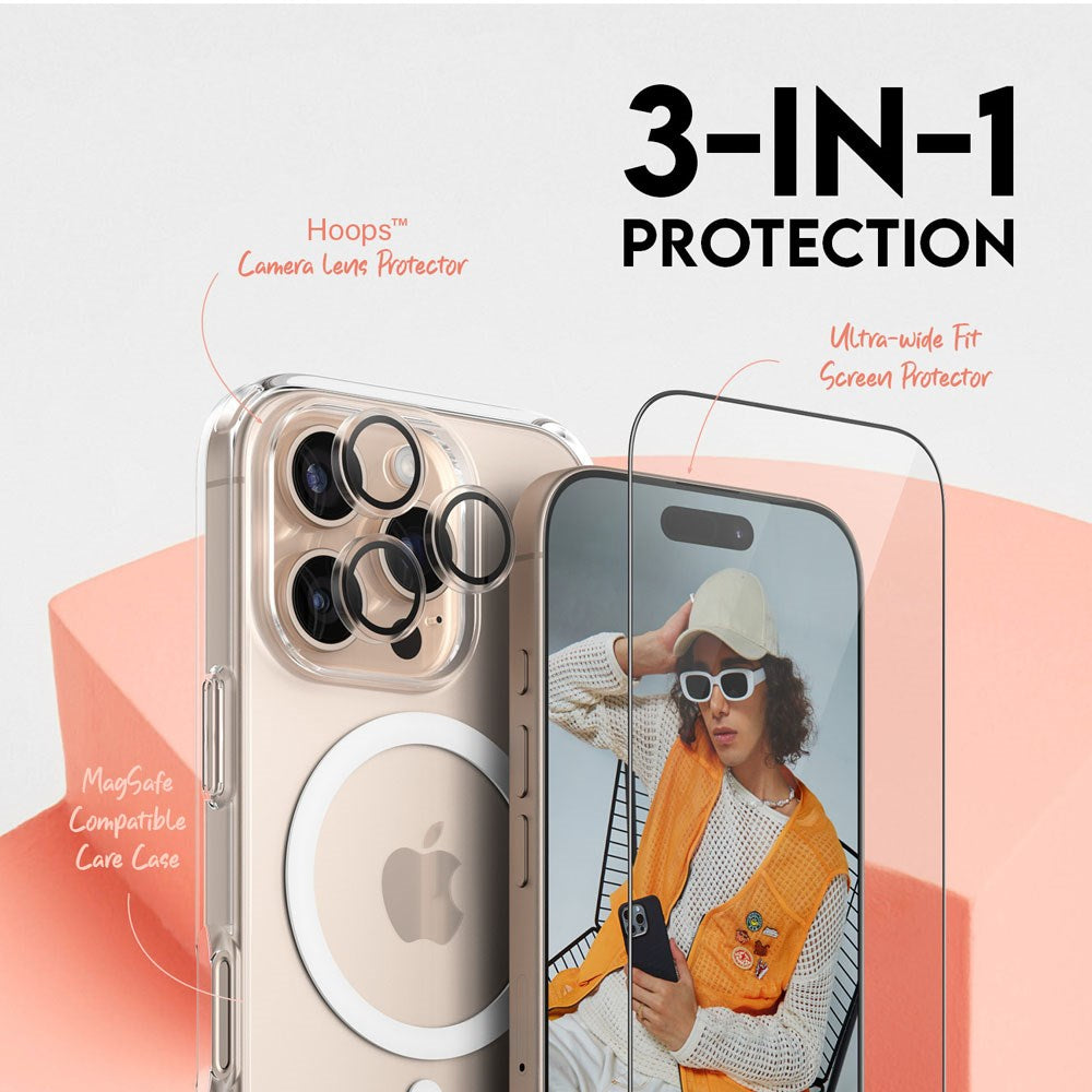 CARE By PanzerGlass iPhone 16 Pro 3-i-1 FLAGSHIP MagSafe Bundle - Skjermbeskyttelse (UWF) / Deksel / Kamerabeskyttelse - Gjennomsiktig / Hvit