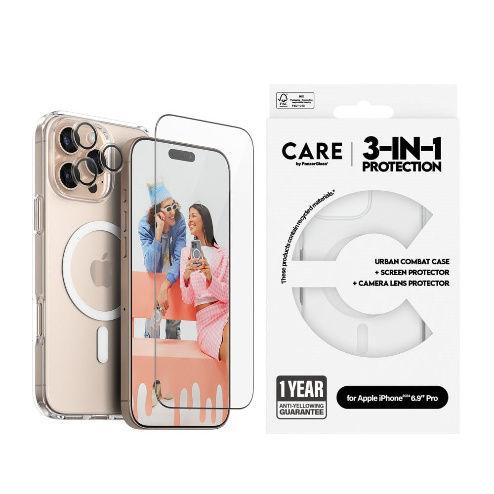 CARE By PanzerGlass iPhone 16 Pro Max 3-i-1 FLAGSHIP MagSafe Bundle - Skjermbeskyttelse (UWF) / Deksel / Kamerabeskyttelse - Gjennomsiktig / Hvit