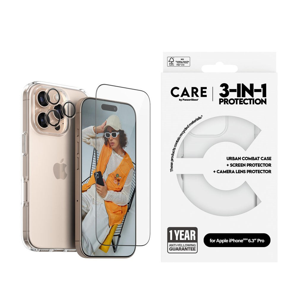 CARE By PanzerGlass iPhone 16 Pro 3-i-1 FLAGSHIP Bundle - Skjermbeskyttelse (UWF) / Deksel / Kamerabeskyttelse - Gjennomsiktig