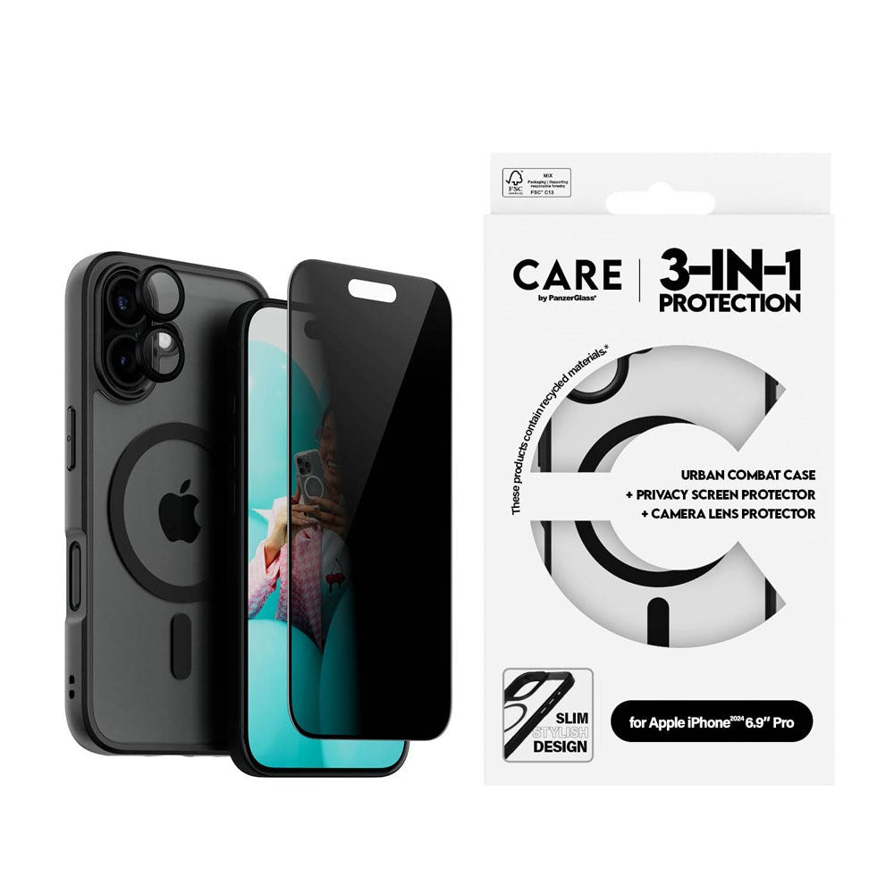 CARE By PanzerGlass iPhone 16 3-i-1 FLAGSHIP MagSafe Bundle - Privacy Skjermbeskyttelse (UWF) / Deksel / Kamerabeskyttelse - Gjennomsiktig / Svart