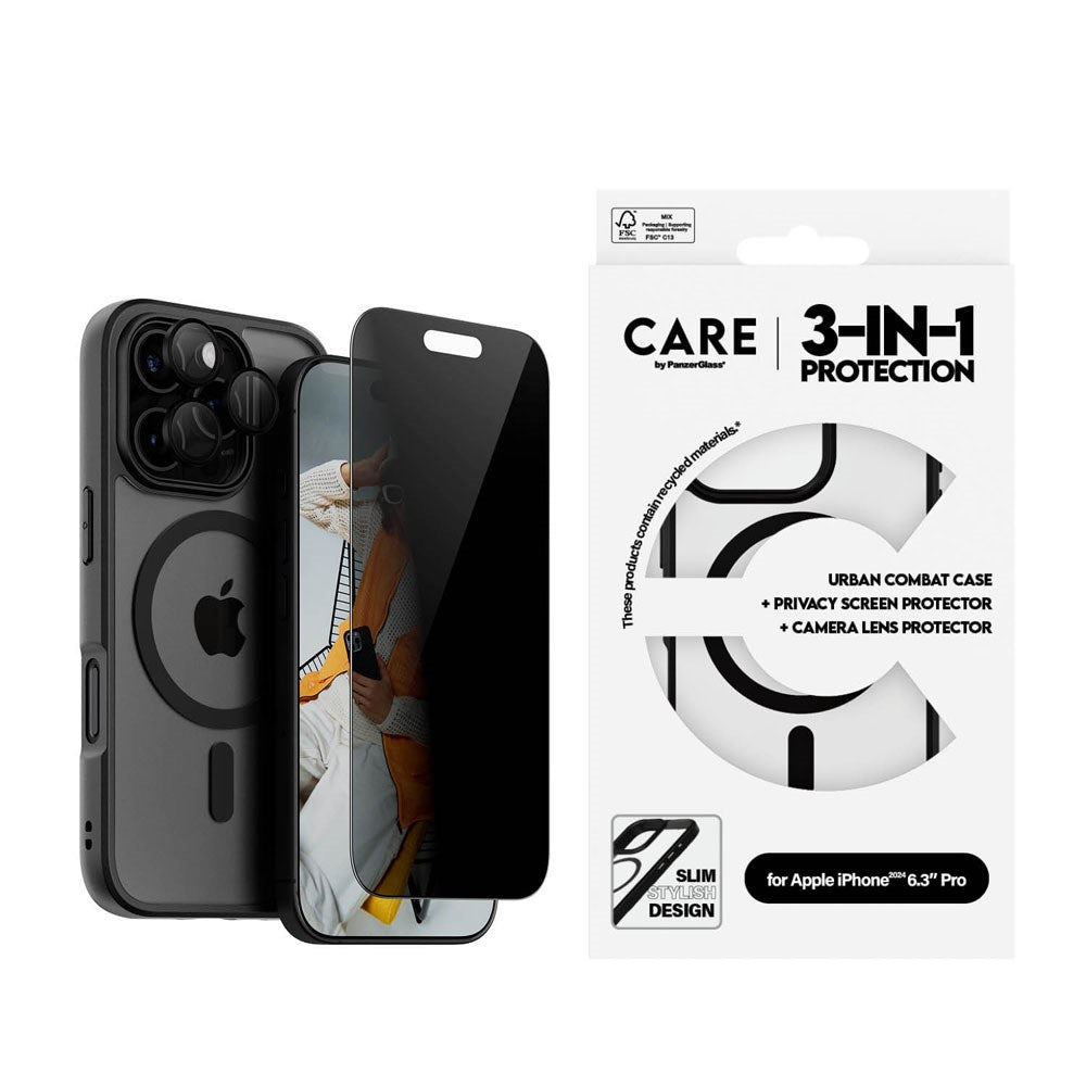CARE By PanzerGlass iPhone 16 Pro 3-i-1 FLAGSHIP MagSafe Bundle - Privacy Skjermbeskyttelse (UWF) / Deksel / Kamerabeskyttelse - Gjennomsiktig / Svart