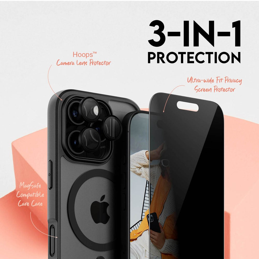 CARE By PanzerGlass iPhone 16 Pro 3-i-1 FLAGSHIP MagSafe Bundle - Privacy Skjermbeskyttelse (UWF) / Deksel / Kamerabeskyttelse - Gjennomsiktig / Svart