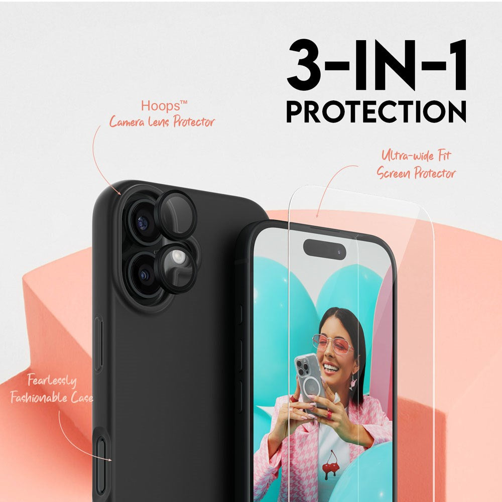 CARE By PanzerGlass iPhone 16 3-i-1 FASHION Bundle - Skjermbeskyttelse (UWF) / Deksel / Kamerabeskyttelse - Gjennomsiktig / Svart