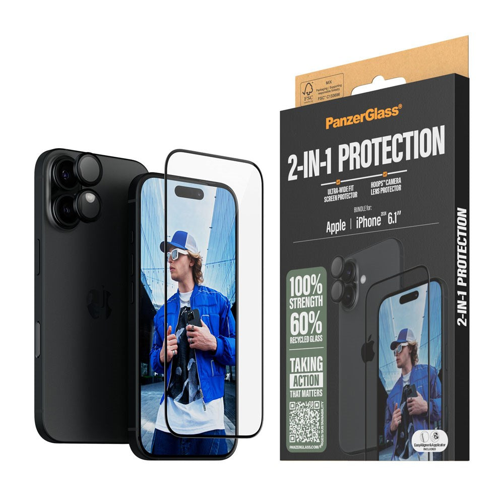 iPhone 16 PanzerGlass 2-i-1 Bundle m. EasyAligner - Skjermbeskyttelse (UWF) / Kamerabeskyttelse - Gjennomsiktig / Svart