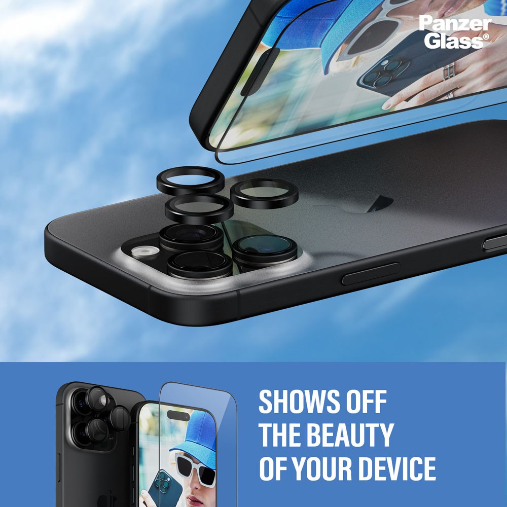 iPhone 16 Pro PanzerGlass 2-i-1 Bundle m. EasyAligner - Skjermbeskyttelse (UWF) / Kamerabeskyttelse - Gjennomsiktig / Svart