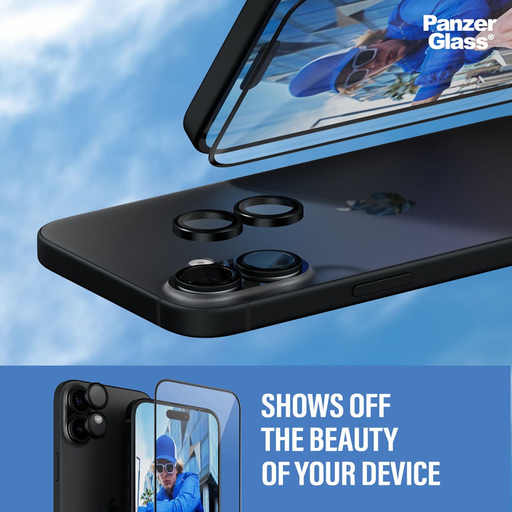 iPhone 16 Plus PanzerGlass 2-i-1 Bundle m. EasyAligner - Skjermbeskyttelse (UWF) / Kamerabeskyttelse - Gjennomsiktig / Svart