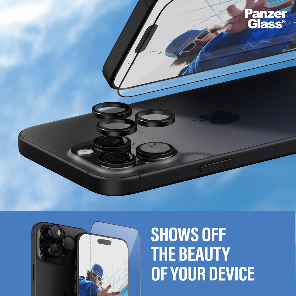 iPhone 16 Pro Max PanzerGlass 2-i-1 Bundle m. EasyAligner - Skjermbeskyttelse (UWF) / Kamerabeskyttelse - Gjennomsiktig / Svart