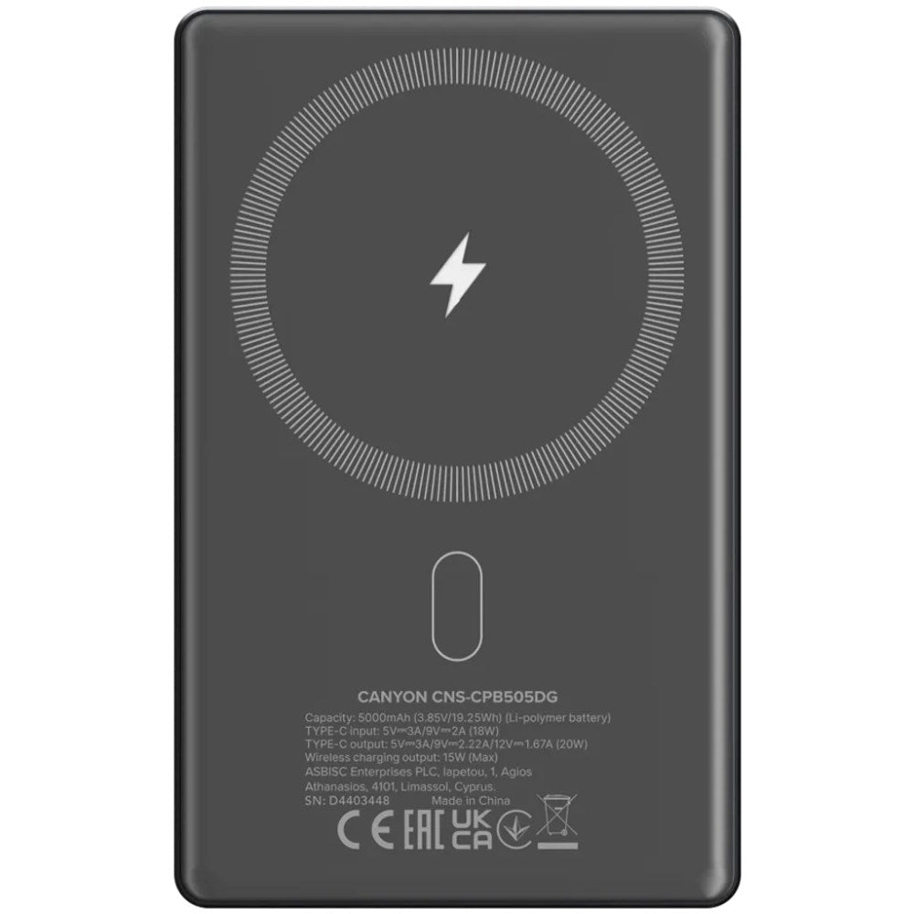 Canyon OnPower 505 20W PowerBank - 5000 mAh - MagSafe Kompatibel - Grå