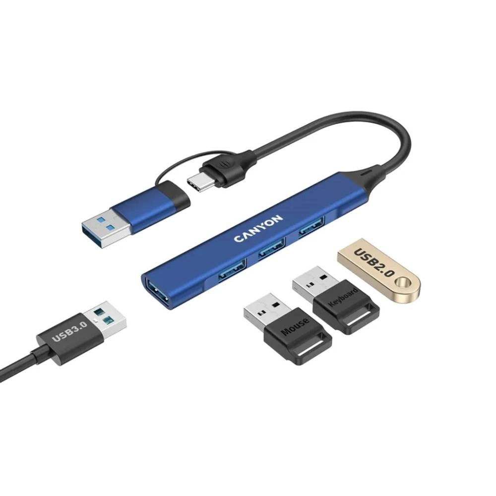 Canyon DS-02 4-i-1 USB-A/C Hub - Blå