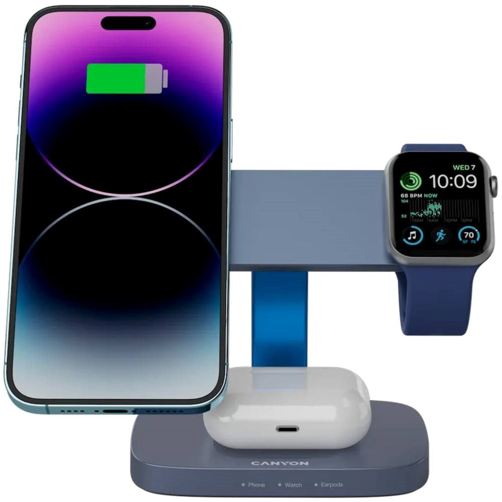 Canyon Hexagon 15W 3-i-1 Trådløs Lader - Qi / MagSafe Kompatibel - Grå / Blå