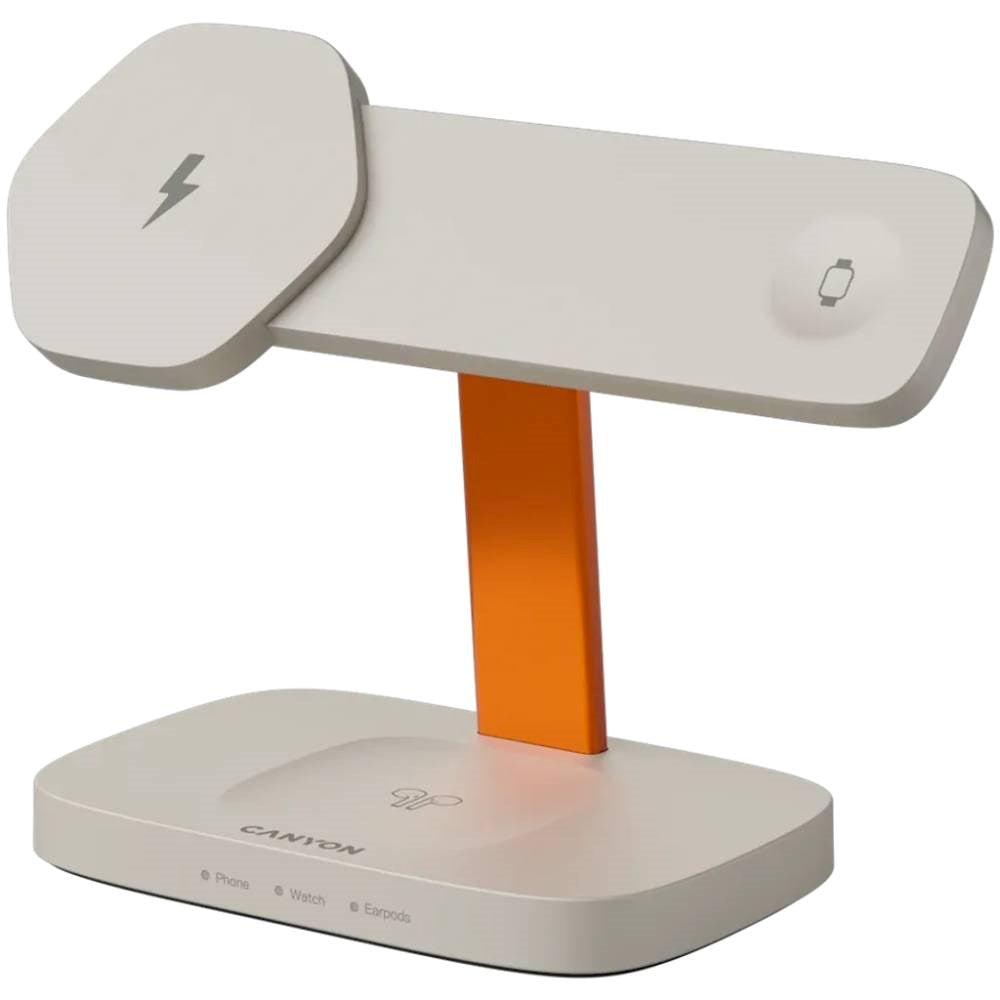 Canyon Hexagon 15W 3-i-1 Trådløs Lader - Qi / MagSafe Kompatibel - Beige / Oransje