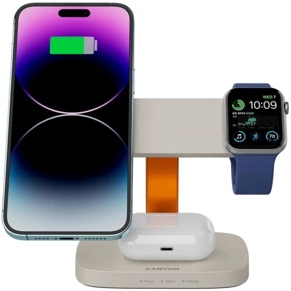 Canyon Hexagon 15W 3-i-1 Trådløs Lader - Qi / MagSafe Kompatibel - Beige / Oransje