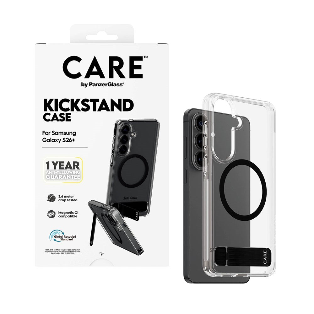 Samsung Galaxy S26+ (Plus) CARE by PanzerGlass Feature Kickstand Deksel - Qi Kompatibel - Transparent / Black