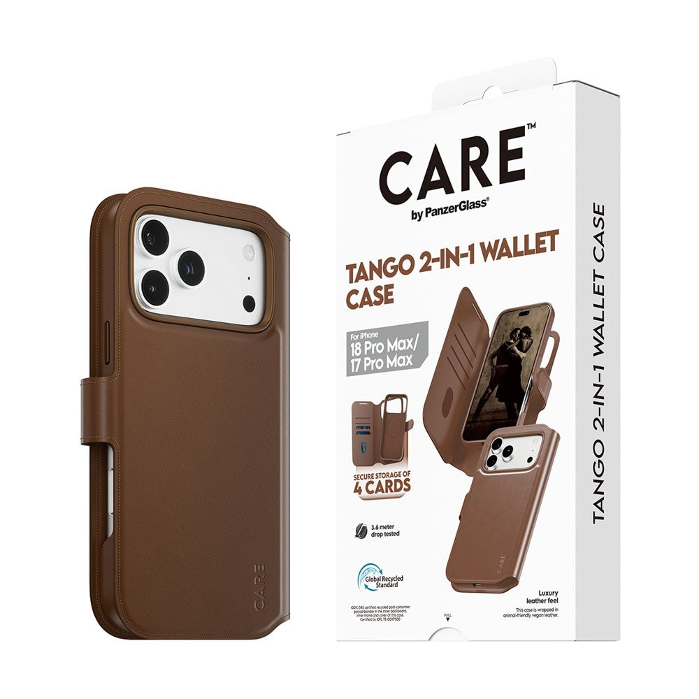 iPhone 18 Pro Max / 17 Pro Max CARE by PanzerGlass Feature Tango 2-in-1 Deksel med Lommebok - MagSafe Kompatibel - Brun