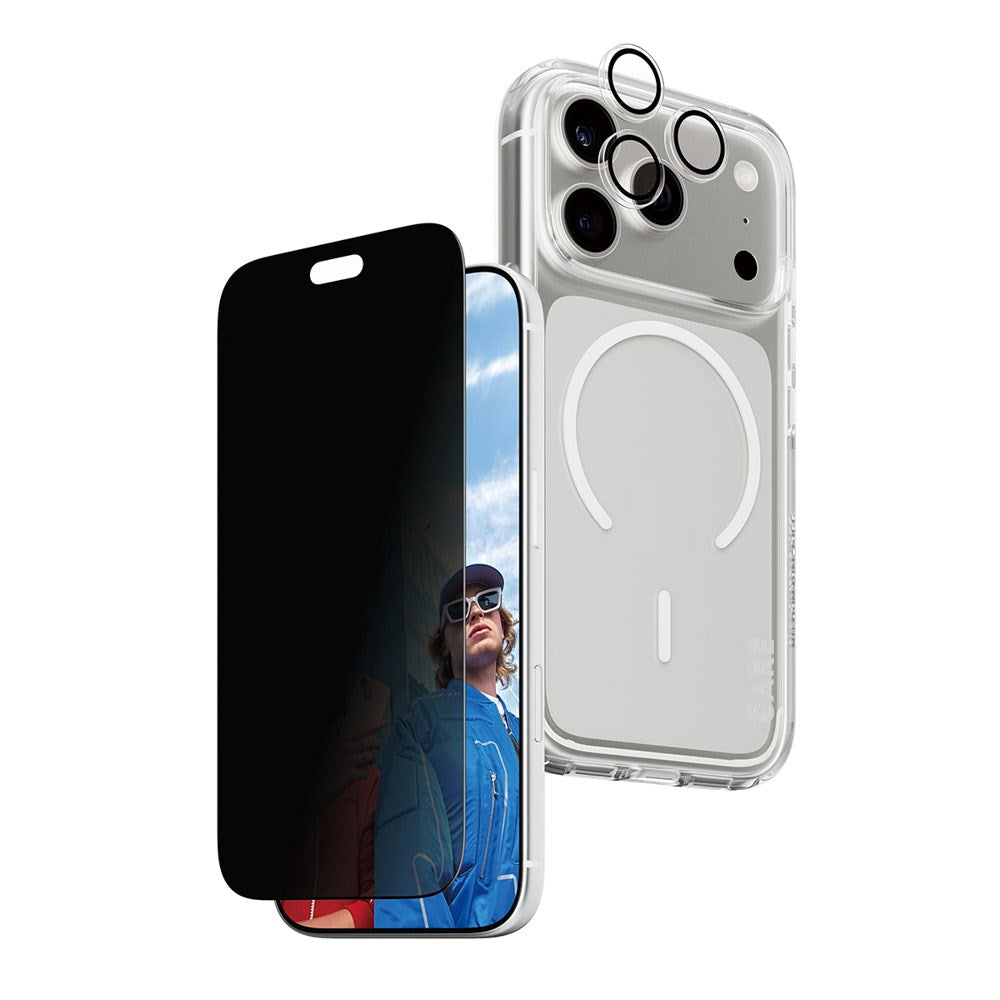 iPhone 18 Pro CARE by PanzerGlass 3-i-1 FLAGSHIP Bundle - Deksel / Privacy Skjermbeskyttelse (UWF) / Kamerabeskyttelse - Gjennomsiktig / Svart