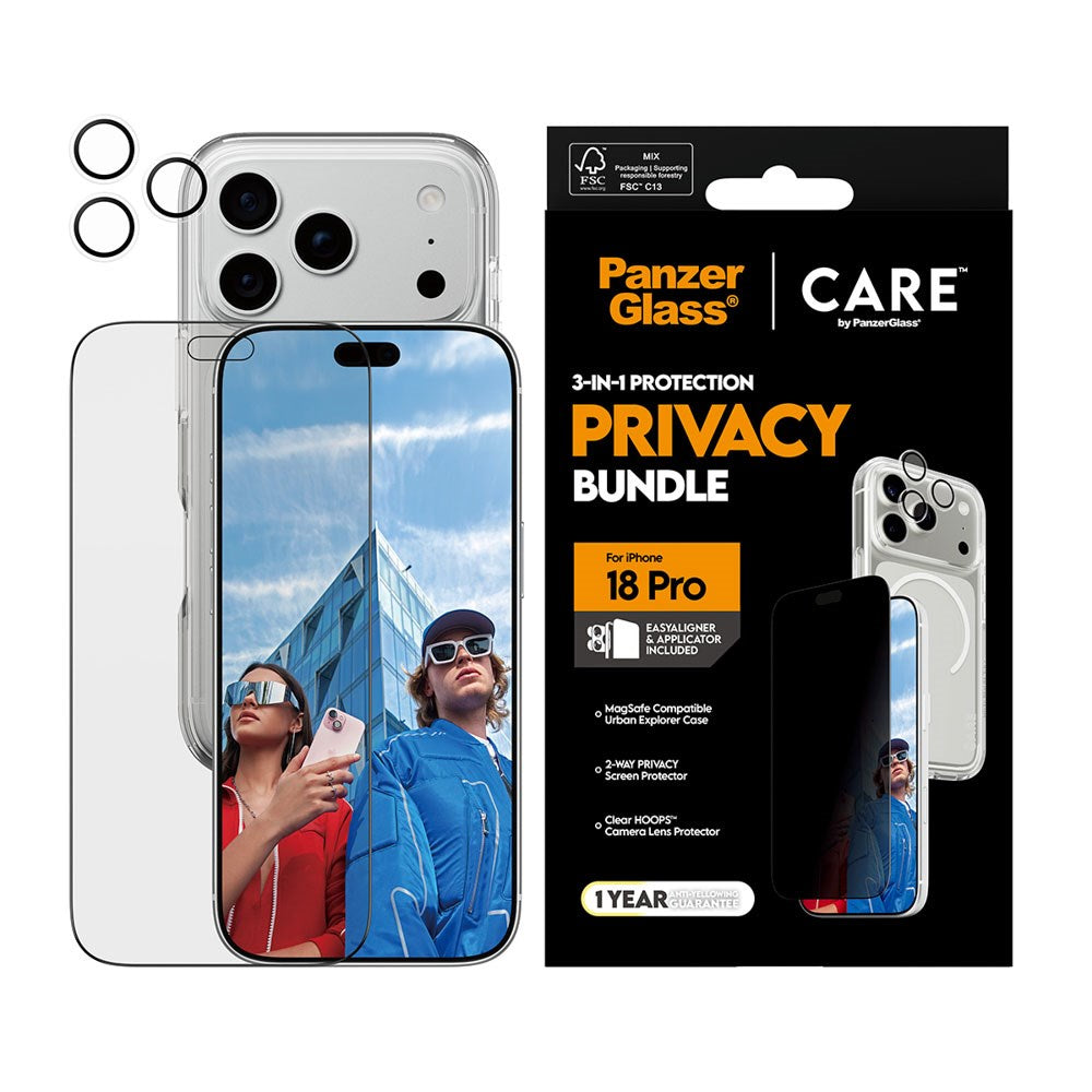 iPhone 18 Pro CARE by PanzerGlass 3-i-1 FLAGSHIP Bundle - Deksel / Privacy Skjermbeskyttelse (UWF) / Kamerabeskyttelse - Gjennomsiktig / Svart