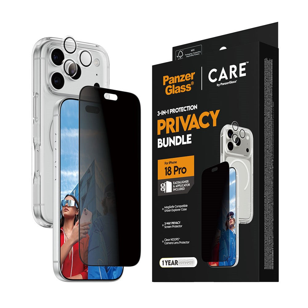 iPhone 18 Pro CARE by PanzerGlass 3-i-1 FLAGSHIP Bundle - Deksel / Privacy Skjermbeskyttelse (UWF) / Kamerabeskyttelse - Gjennomsiktig / Svart