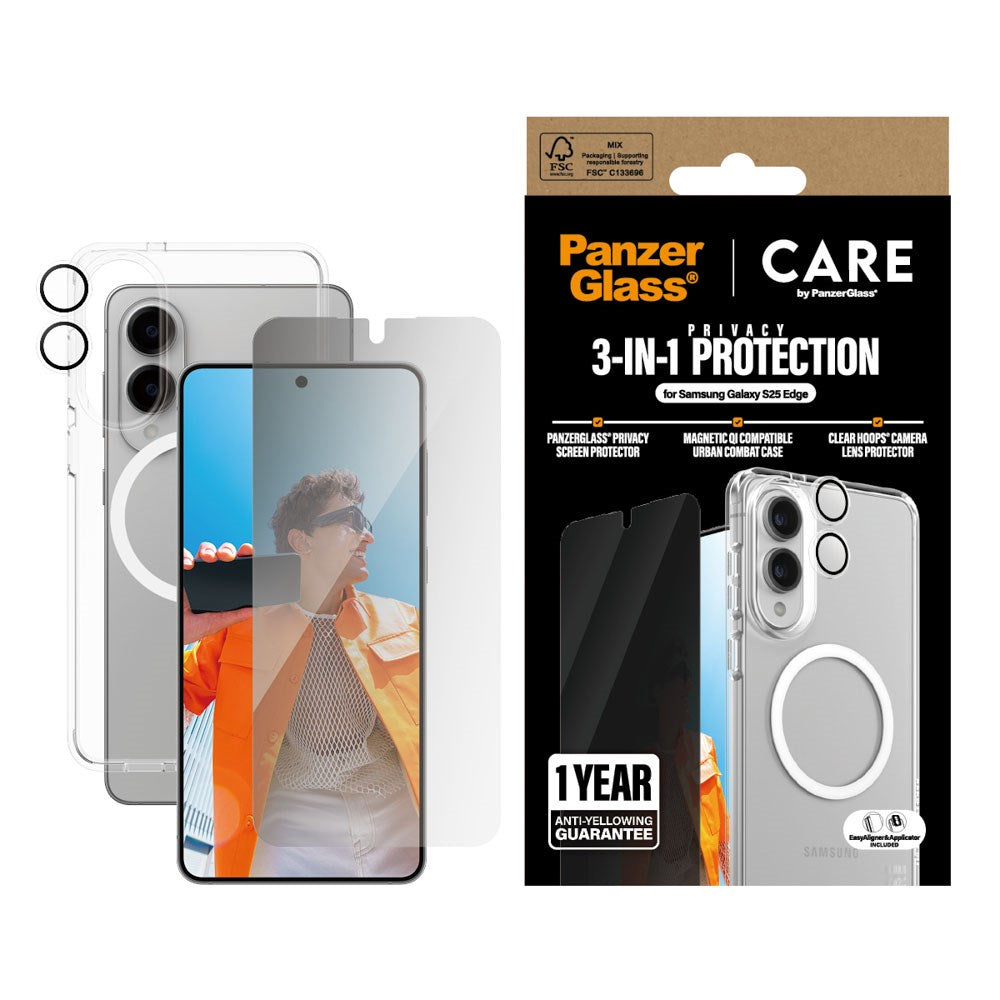CARE by PanzerGlass Samsung Galaxy S25 Edge 3-i-1 FLAGSHIP Bundle - Deksel / Privacy Skjermbeskyttelse (UWF) / Kamerabeskyttelse - Gjennomsiktig / Hvit
