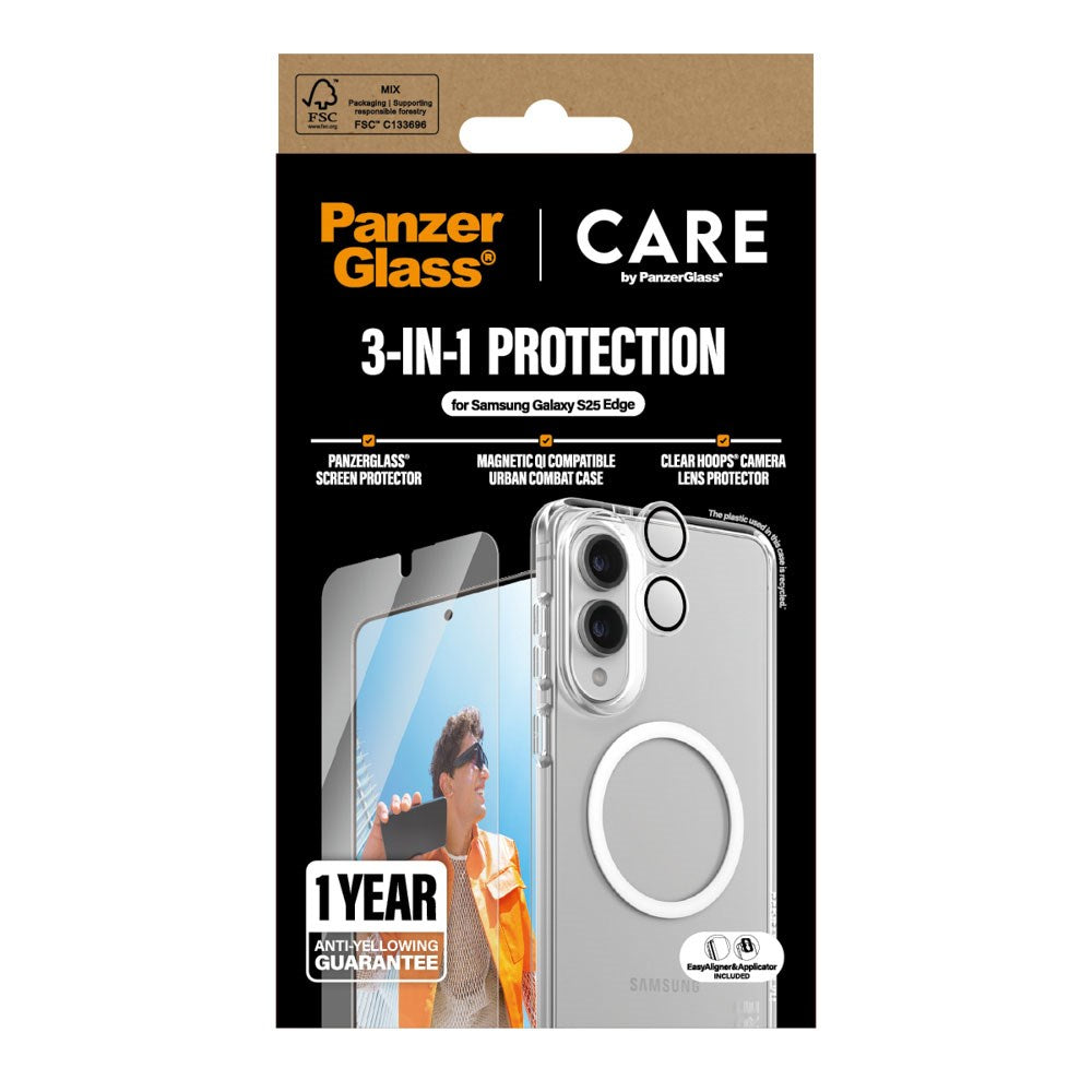 CARE by PanzerGlass Samsung Galaxy S25 Edge 3-i-1 FLAGSHIP Bundle - Deksel / Skjermbeskyttelse (UWF) / Kamerabeskyttelse - Gjennomsiktig / Hvit