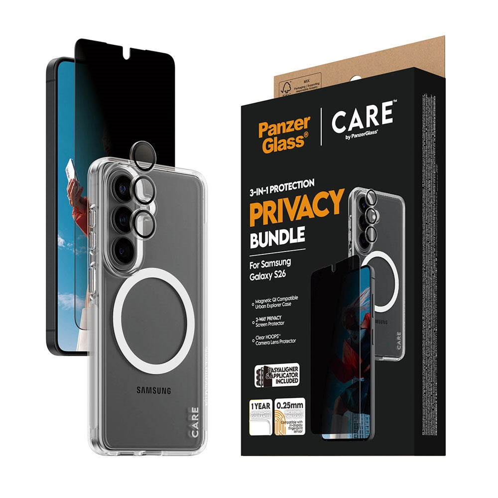 Samsung Galaxy S26 Urban Combat 3-in-1 Privacy Bundle med Deksel / Skjermbeskyttelse (Privacy) / Kamerabeskyttelse - Qi Kompatibel - Gjennomsiktig