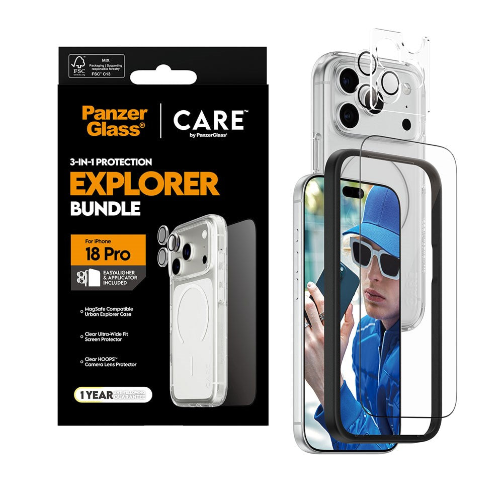 iPhone 18 Pro CARE By PanzerGlass 3-i-1 FLAGSHIP Bundle - Skjermbeskyttelse (UWF) / Deksel / Kamerabeskyttelse - Gjennomsiktig