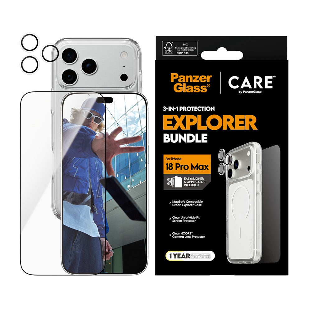 iPhone 18 Pro Max CARE By PanzerGlass 3-i-1 FLAGSHIP Bundle - Skjermbeskyttelse (UWF) / Deksel / Kamerabeskyttelse - Gjennomsiktig