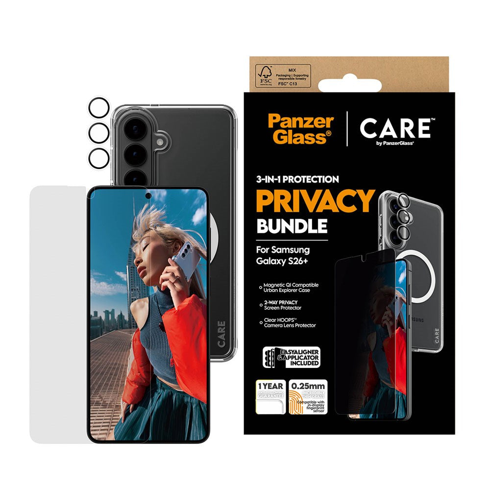 Samsung Galaxy S26+ (Plus) Urban Combat 3-in-1 Privacy Bundle med Deksel / Skjermbeskyttelse (Privacy) / Kamerabeskyttelse - Qi Kompatibel - Gjennomsiktig