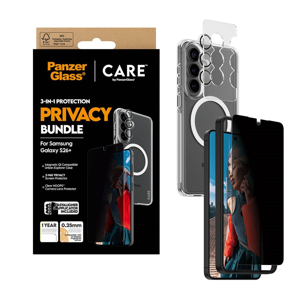 Samsung Galaxy S26+ (Plus) Urban Combat 3-in-1 Privacy Bundle med Deksel / Skjermbeskyttelse (Privacy) / Kamerabeskyttelse - Qi Kompatibel - Gjennomsiktig