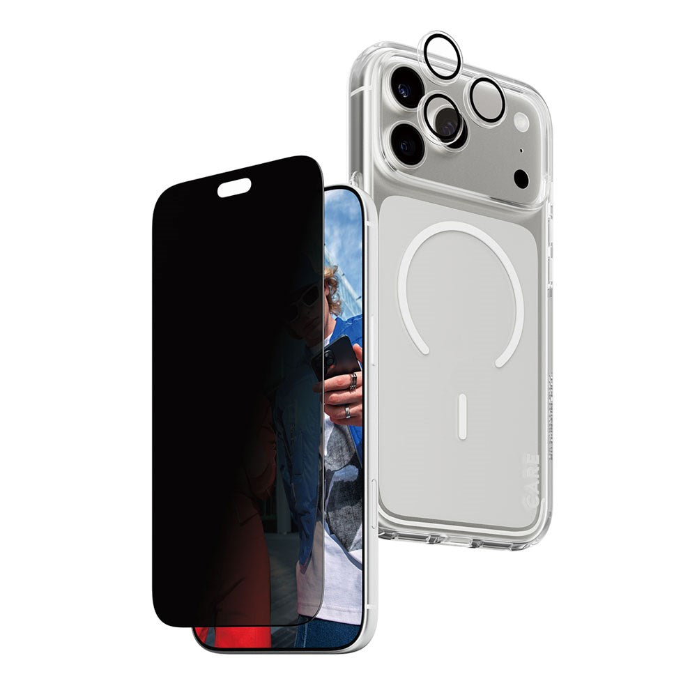 iPhone 18 Pro Max CARE by PanzerGlass 3-i-1 FLAGSHIP Bundle - Deksel / Privacy Skjermbeskyttelse (UWF) / Kamerabeskyttelse - Gjennomsiktig / Svart