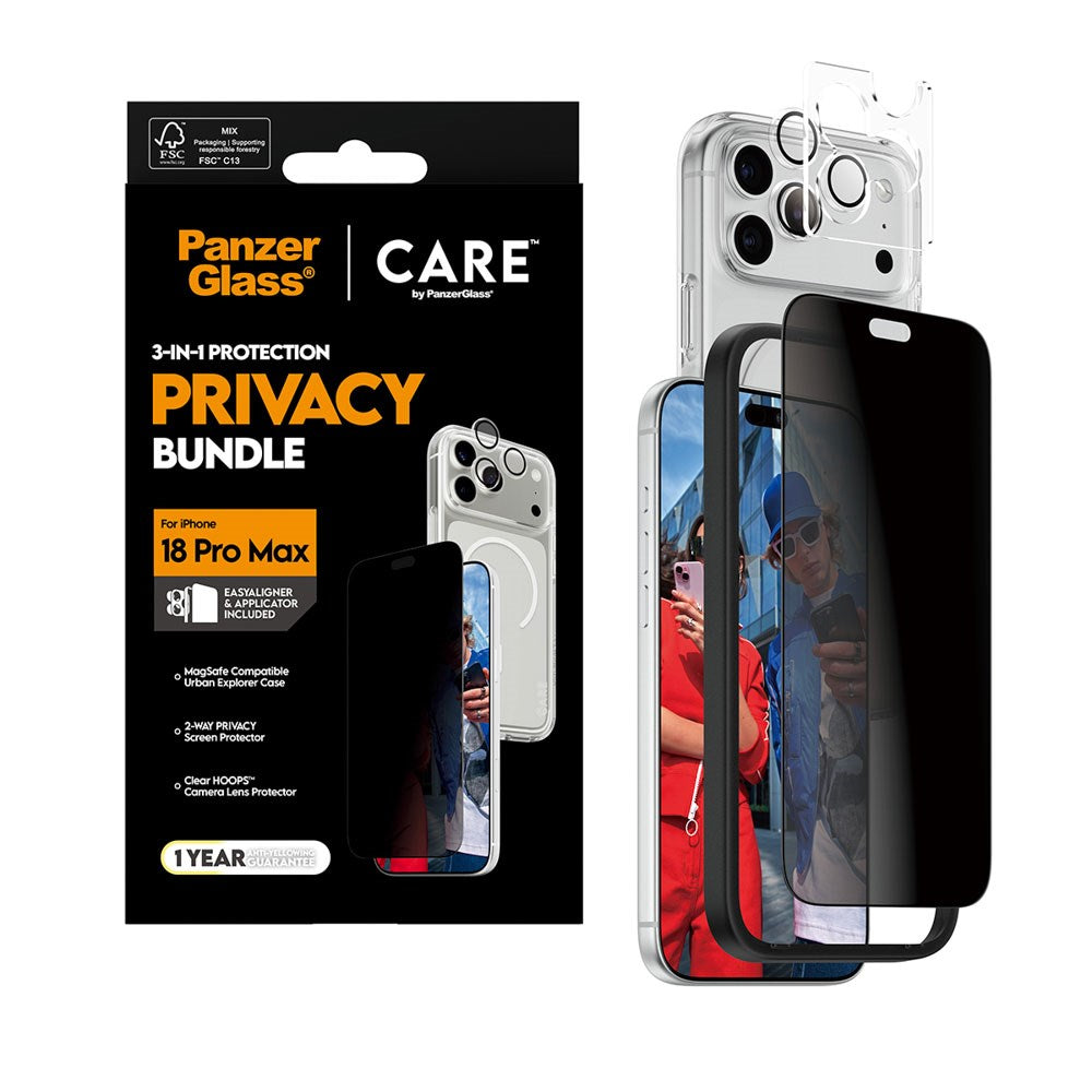 iPhone 18 Pro Max CARE by PanzerGlass 3-i-1 FLAGSHIP Bundle - Deksel / Privacy Skjermbeskyttelse (UWF) / Kamerabeskyttelse - Gjennomsiktig / Svart