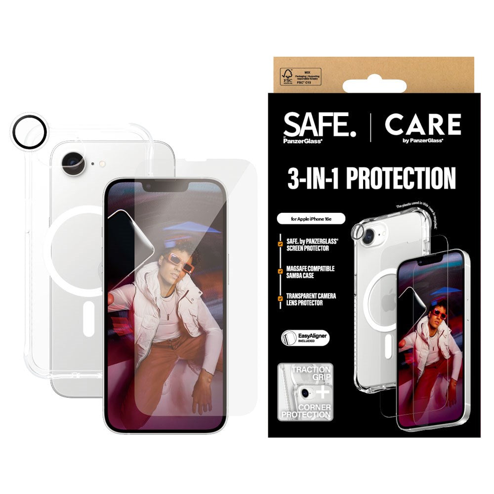 CARE By PanzerGlass iPhone 16e 3-i-1 FASHION Bundle - Skjermbeskyttelse (UWF) / Samba Deksel / Kamerabeskyttelse - Gjennomsiktig / Hvit