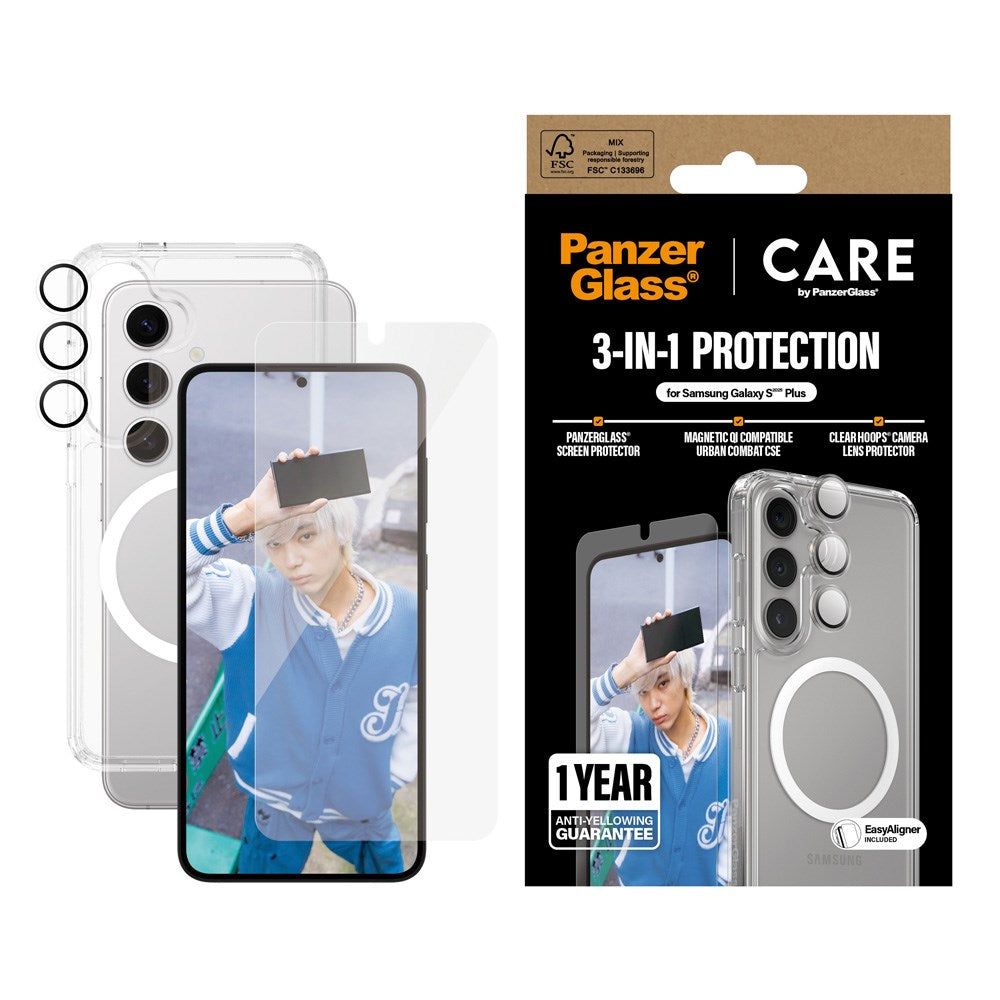 CARE by PanzerGlass Samsung Galaxy S25+ (Plus) 3-i-1 FLAGSHIP Bundle - Deksel / Skjermbeskyttelse (UWF) / Kamerabeskyttelse - Gjennomsiktig
