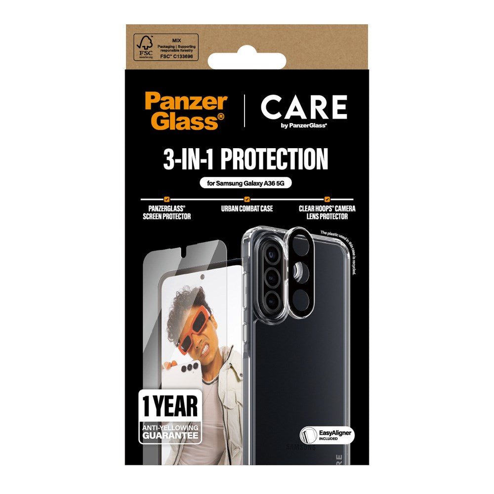 CARE by PanzerGlass Samsung Galaxy A36 (5G) 3-i-1 FLAGSHIP Bundle - Deksel / Skjermbeskyttelse (UWF) / Kamerabeskyttelse - Gjennomsiktig