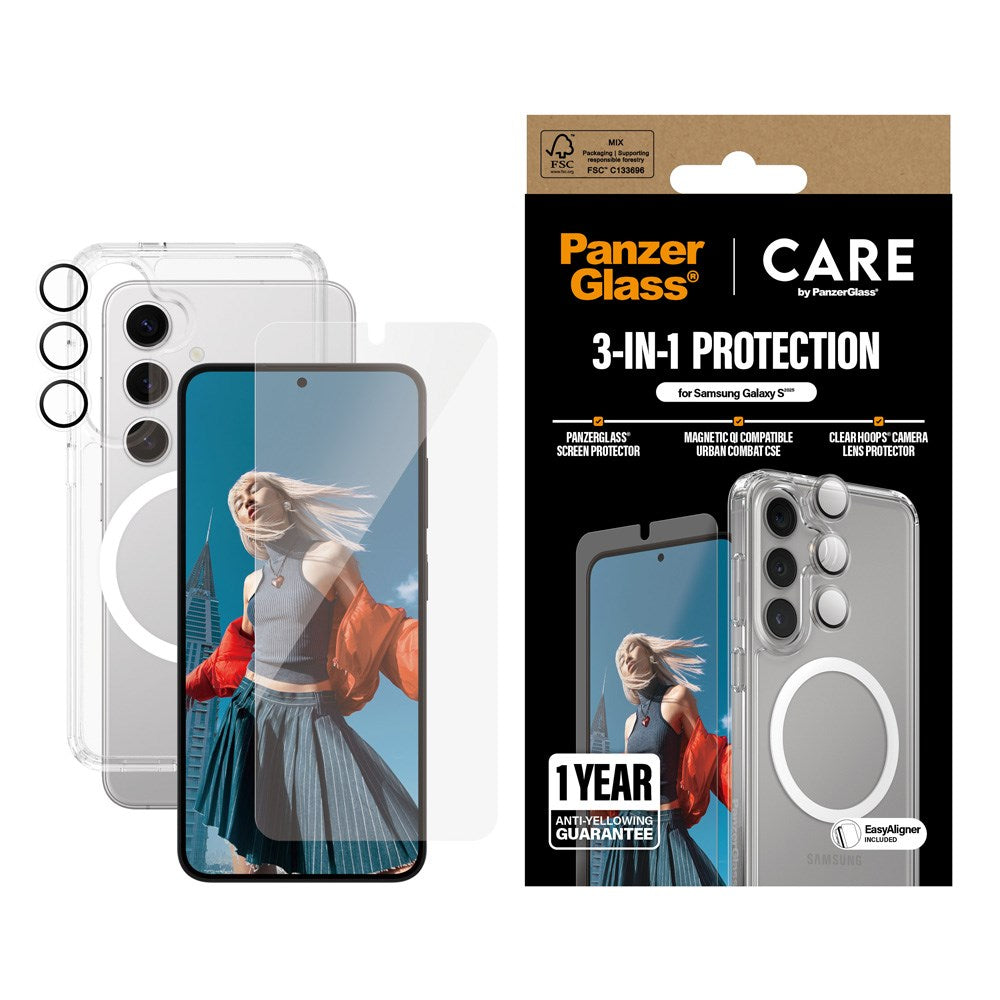 CARE by PanzerGlass Samsung Galaxy S25 3-i-1 FLAGSHIP Bundle - Deksel / Skjermbeskyttelse (UWF) / Kamerabeskyttelse - Gjennomsiktig