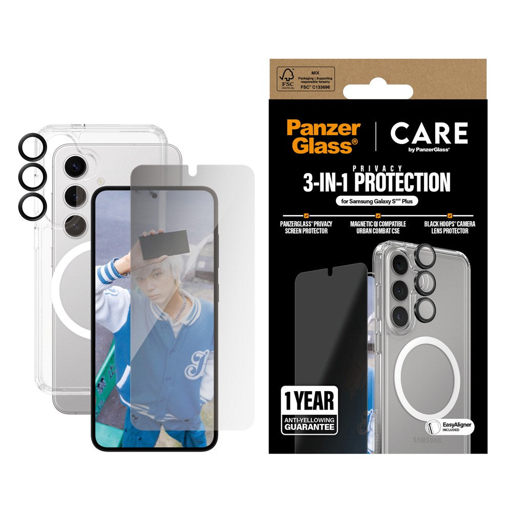 CARE by PanzerGlass Samsung Galaxy S25+ (Plus) 3-i-1 FLAGSHIP Bundle - Deksel / Privacy Skjermbeskyttelse (UWF) / Kamerabeskyttelse - Gjennomsiktig / Svart