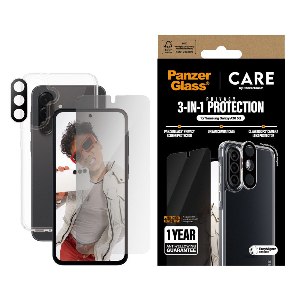 CARE by PanzerGlass Samsung Galaxy A36 (5G) 3-i-1 FLAGSHIP Bundle - Deksel / Privacy Skjermbeskyttelse (UWF) / Kamerabeskyttelse - Gjennomsiktig / Svart