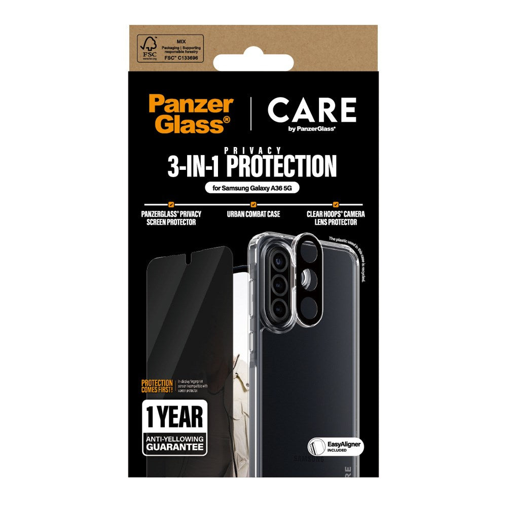 CARE by PanzerGlass Samsung Galaxy A36 (5G) 3-i-1 FLAGSHIP Bundle - Deksel / Privacy Skjermbeskyttelse (UWF) / Kamerabeskyttelse - Gjennomsiktig / Svart