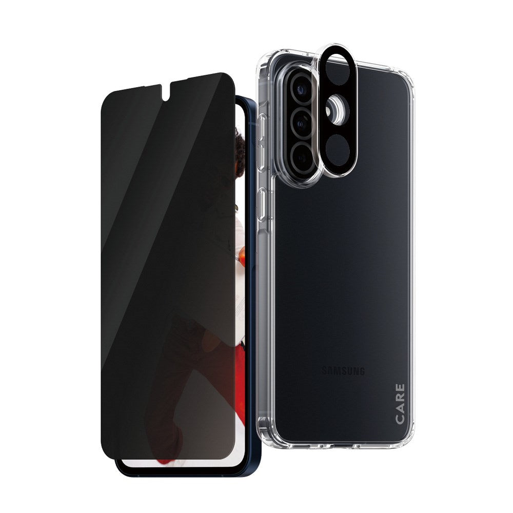 CARE by PanzerGlass Samsung Galaxy A56 (5G) 3-i-1 FLAGSHIP Bundle - Deksel / Privacy Skjermbeskyttelse (UWF) / Kamerabeskyttelse - Gjennomsiktig / Svart