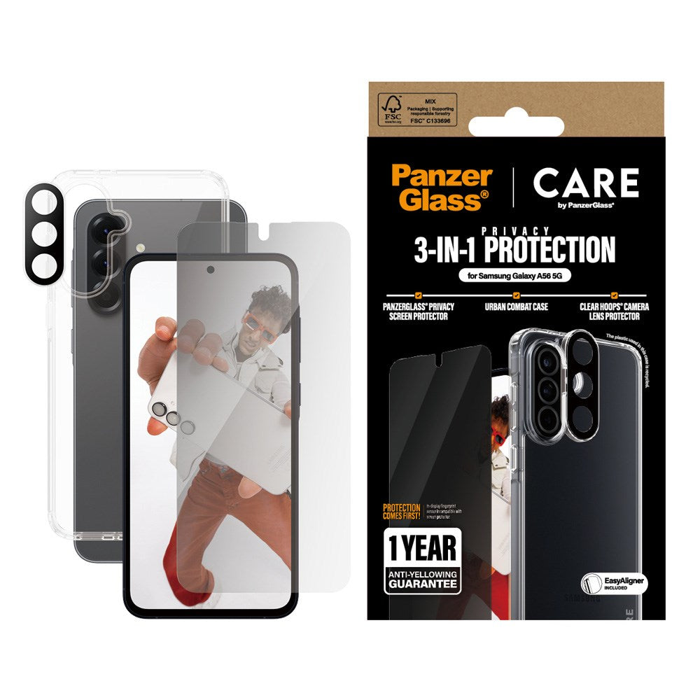 CARE by PanzerGlass Samsung Galaxy A56 (5G) 3-i-1 FLAGSHIP Bundle - Deksel / Privacy Skjermbeskyttelse (UWF) / Kamerabeskyttelse - Gjennomsiktig / Svart