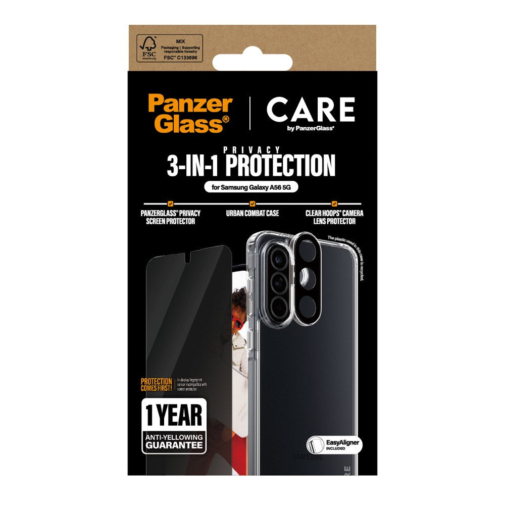 CARE by PanzerGlass Samsung Galaxy A56 (5G) 3-i-1 FLAGSHIP Bundle - Deksel / Privacy Skjermbeskyttelse (UWF) / Kamerabeskyttelse - Gjennomsiktig / Svart